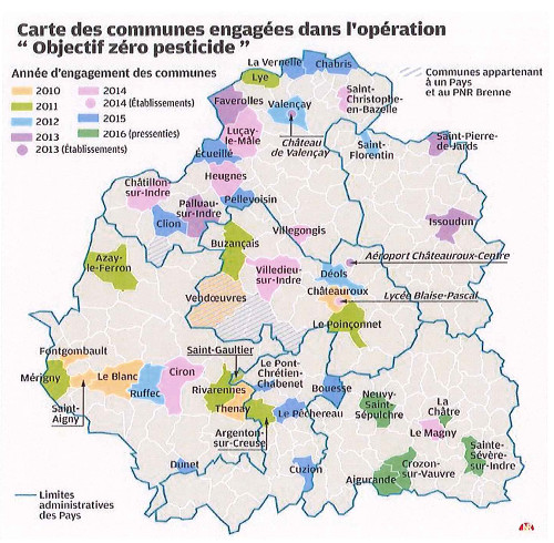carte des communes du département de l'Indre engagées dans l'opération objectif zéro pesticide